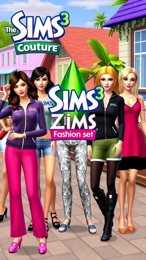 A selection of stylish outfits from The Sims 3 Juicy Couture Fashion Set, including tracksuits and dresses, set against a colorful Sims neighborhood.